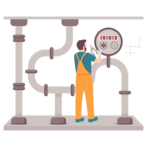Ingenieur die de tang vasthoudt en de drukmeter regelt Concept van de bedieningsruimte van de drukmeter Monitoring van de druk in de pijpleiding