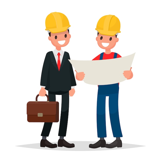 Ingenieur en voorman bespreken ontwerpgebouw. Vectorillustratie in een vlakke stijl.