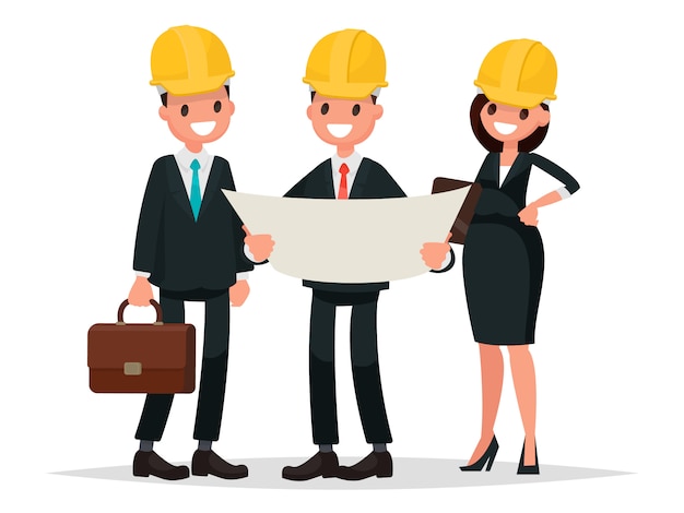 Ingenieur klant en aannemer bespreken het project. Vectorillustratie in een vlakke stijl