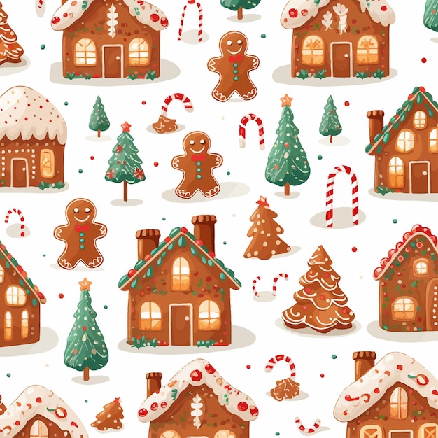 Vector ingerbread cookies seamless pattern in cartoon style winter baked goods in shape of house