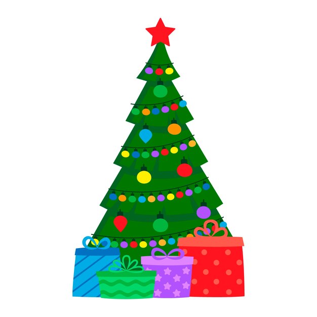 Ingerichte groene dennenboom met geschenken. Kerst- en nieuwjaarsvakantie. vector illustratie