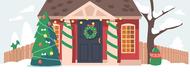Ingerichte winterse huisjes in de voorsteden met kerstdecor, dennenboom en sneeuw. Woonhuis, onroerend goed met sparren takken krans op deur en slingers. Cartoon vectorillustratie