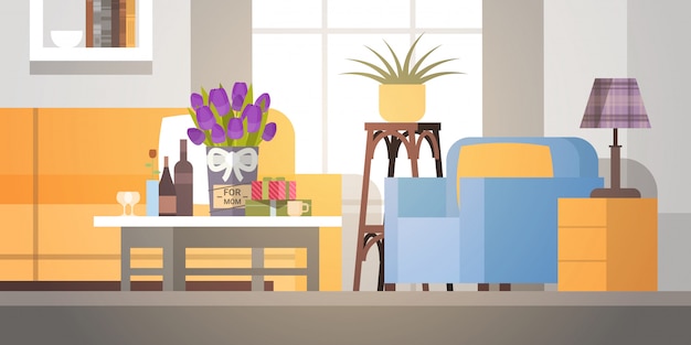Ingerichte woonkamer interieur, bloemen voor mama, Happy Mother Day lente vakantie