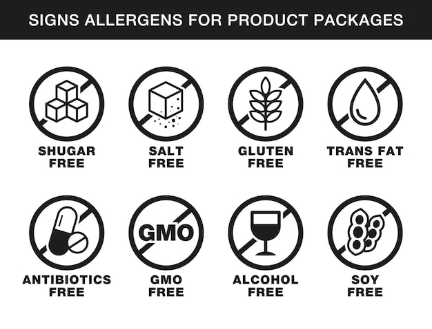 Ingrediënt waarschuwing icon set Allergeen vrije iconen Gluten ggo suiker zout soja alcohol antibioticum