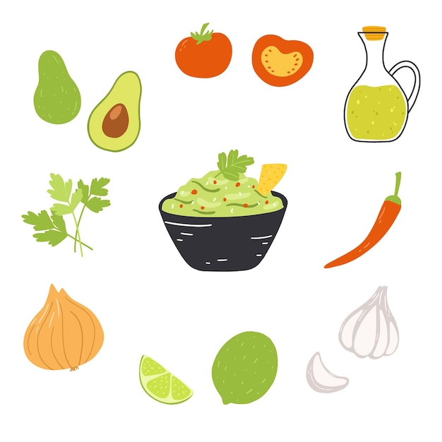 Ingrediënten voor guacamole in cartoon vlakke stijl Handgetekende vectorillustratie van Mexicaans traditioneel eten met set groenten en fruit