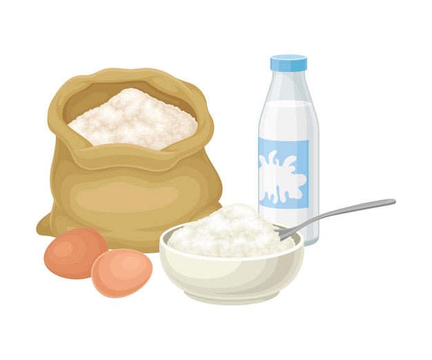 Ingrediënten voor het koken van pannenkoeken met meelzak en fles melk Vector illustratie