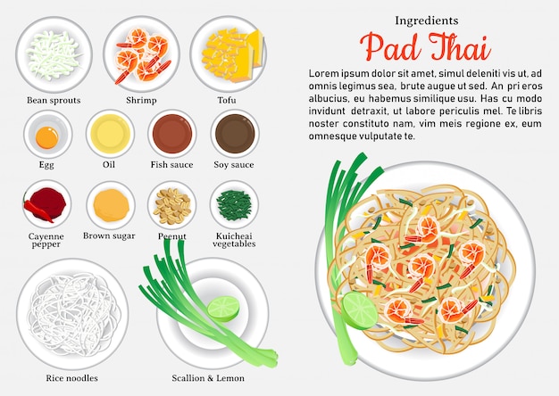 Ингредиенты pad тайский. одно из самых популярных блюд в таиланде.