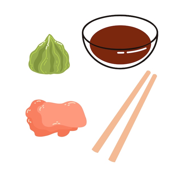 Ingredients for sushi in cartoon flat style Hand drawn vector illustration of ginger wasabi soy sauce chopsticks