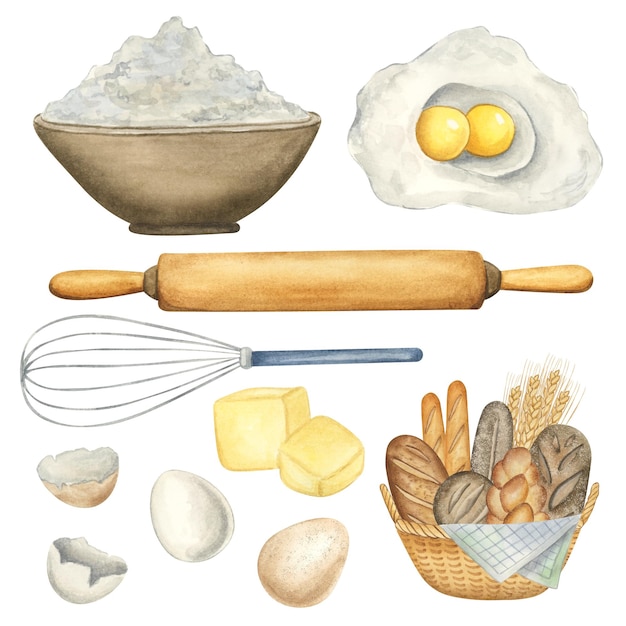 Ingredients and tools for baking Flour eggs rolling pin Set of watercolor illustrations of pastries