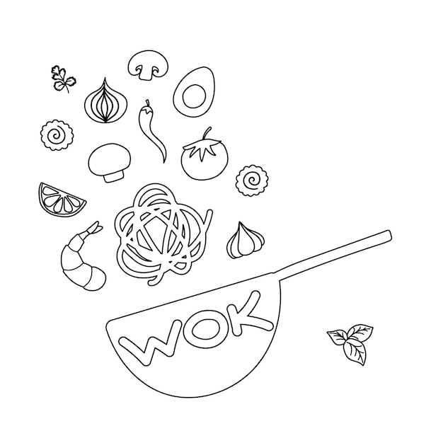 Ingredienti per wok pan vector doodle flat asian wok set di simboli verdure volanti con frutti di mare per il design del menu