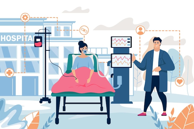 Inhalation medicine concept with people scene in the flat cartoon style Doctor monitors