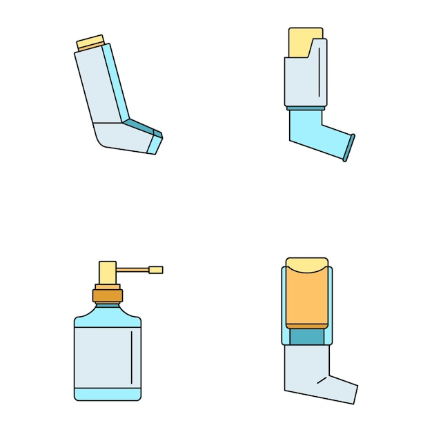 Inhalator diep ademhaling gezondheidszorg astma pictogrammen set Schets illustratie van 4 Inhalator diepe ademhaal gezondheidszorg Asthma vector pictogramma's dunne lijn kleur vlak op wit