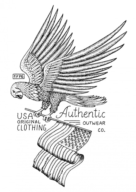 Vector inheemse adelaar amerikaans. wilde vogel. oude label en badge. gegraveerde hand getekend in oude schets. usa symbool, vlag van patriot.