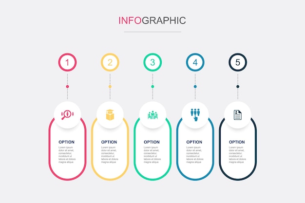 Inhuren onderwijs interview kandidaat toepassing pictogrammen Infographic ontwerpsjabloon Creatief concept met 5 stappen