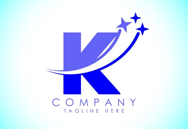 Первоначальный алфавит K с swoosh и звездочным знаком Векторный шаблон дизайна логотипа стреляющей звезды для бизнеса и фирменной идентичности