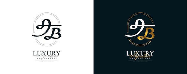 Initial A and B Logo Design in Elegant White and Gold Handwriting Style AB Signature Logo or Symbol for Wedding Fashion Jewelry Boutique and Business Identity