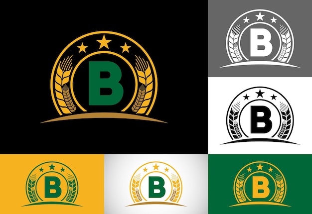 Первоначальный дизайн символа алфавита монограммы B, объединенный с концепцией логотипа ячменя пшеницы или ржи. Логотип для сельскохозяйственного бизнеса и идентичности компании.