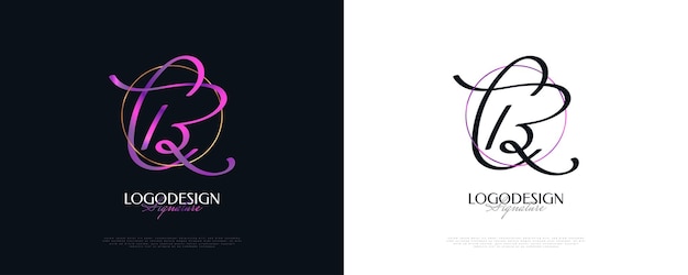 ゴールデンサークルフレームCB署名ロゴまたはビジネスブランドアイデンティティのシンボルを使用した紫色の手書きスタイルの初期CおよびBロゴデザイン