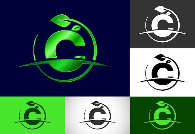 Начальный алфавит монограммы C с круговым листом и галочкой Экологичная концепция логотипа Современный векторный логотип для экологического бизнеса и фирменного стиля