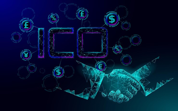 Vector initial coin offering ico letters technology concept business finance economy low poly design style currency crypto banking online offer internet commerce block chain vector illustration