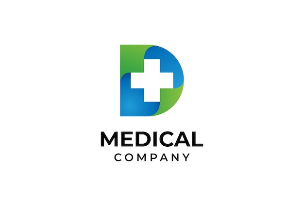 Initial D Medical logo gradient letter d with cross icon inside vector illustration