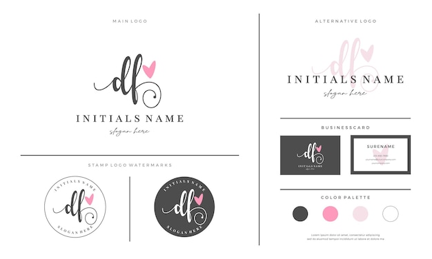 Initial DF letter D F handwriting beauty logo design with love