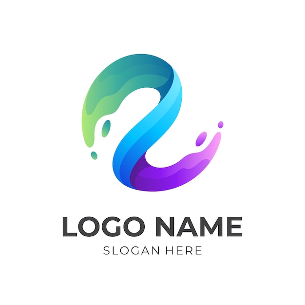 Начальный шаблон логотипа e water, буква e и вода, комбинированный логотип с трехмерным красочным стилем