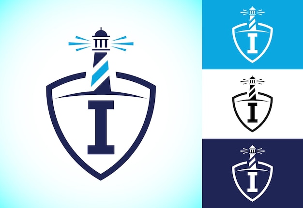 Начальный алфавит монограммы i на щите с логотипом маяка harbour эмблема шрифта