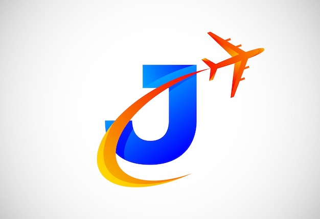 여행사 또는 비즈니스에 적합한 swoosh 및 비행기 로고 디자인이 포함된 초기 J 알파벳