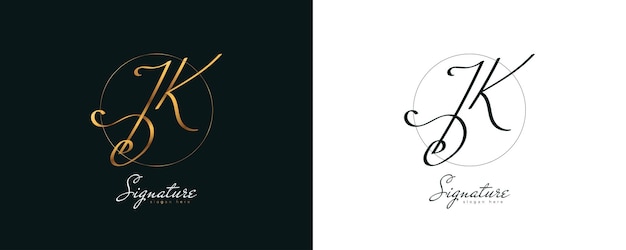 エレガントなゴールドの手書きスタイルの最初のJとKのロゴデザイン結婚式のファッションジュエリーブティックとビジネスブランドのアイデンティティのためのJK署名ロゴまたはシンボル