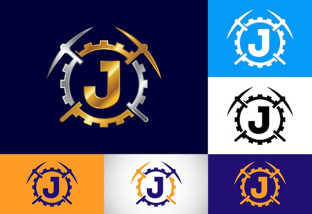 Initial J monogram letter alphabet with pickaxe and gear sign Mining logo design concept Modern vector logo for mining business and company identity