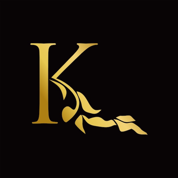 Initial K letter with nature leaf ornament vector in gold color