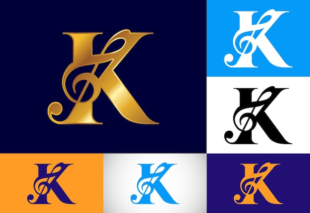 Vector initial k monogram alphabet with a musical note symphony or melody signs musical sign symbol