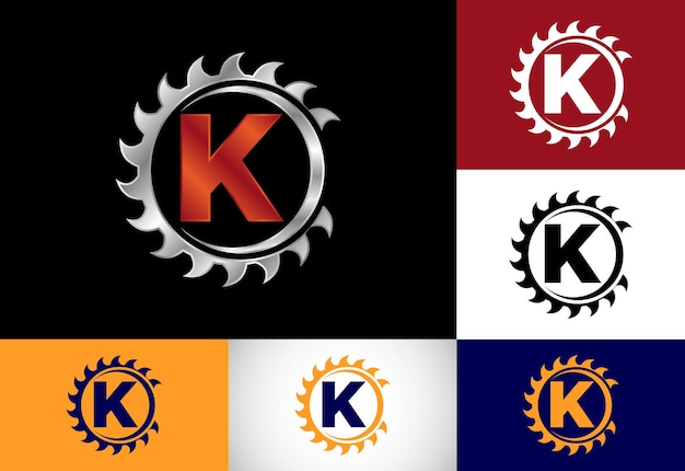 Initial K monogram alphabet with the saw blade Carpentry woodworking logo design Font emblem Modern vector logo for sawmill business and company identity