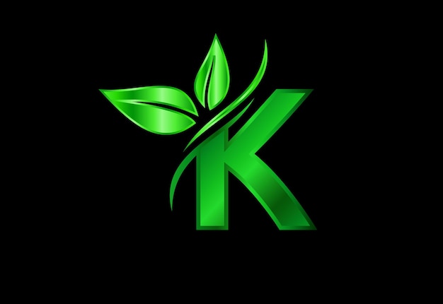 Первоначальный алфавит монограммы k с двумя листьями. зеленая экологически чистая концепция логотипа. логотип для экологической