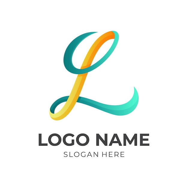 Design iniziale del logo l con stile 3d di colore giallo e verde