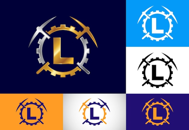 곡괭이와 기어 기호가 있는 초기 L 모노그램 문자 알파벳 마이닝 로고 디자인 개념 마이닝 비즈니스 및 회사 Id를 위한 현대적인 벡터 로고