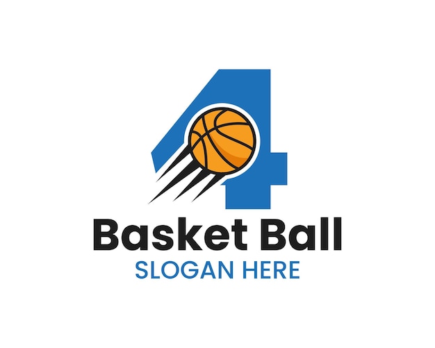 Initial Letter 4 Basketball Logo With Moving Basketball Icon. Basket Ball Logotype Symbol