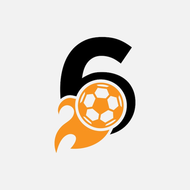 Vettore concetto iniziale del logo del calcio della lettera 6 con l'icona del calcio in movimento e il simbolo del fuoco. logotipo di calcio