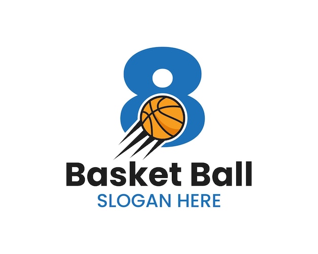 Начальная буква 8 Баскетбольный логотип с движущейся иконой Баскетбол. Символ логотипа баскетбольного мяча
