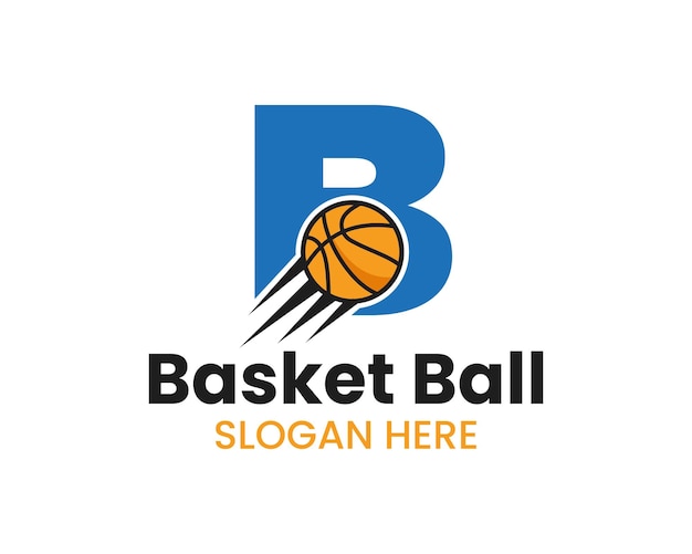 Logo iniziale della pallacanestro della lettera b con l'icona della pallacanestro in movimento. simbolo del logotipo della palla da basket