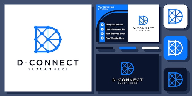 Initial letter d connect technology digital connection outline vector logo design with business card