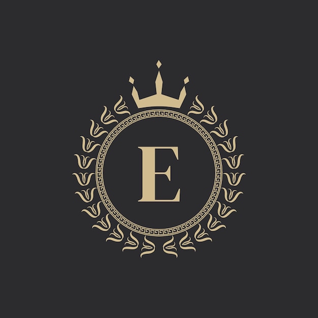 Initial Letter E Heraldic Royal Frame with Crown and Laurel Wreath Simple Classic Emblem