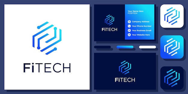 Первоначальная буква F Технология печатной платы Цифровое соединение Дизайн векторного логотипа с визитной карточкой