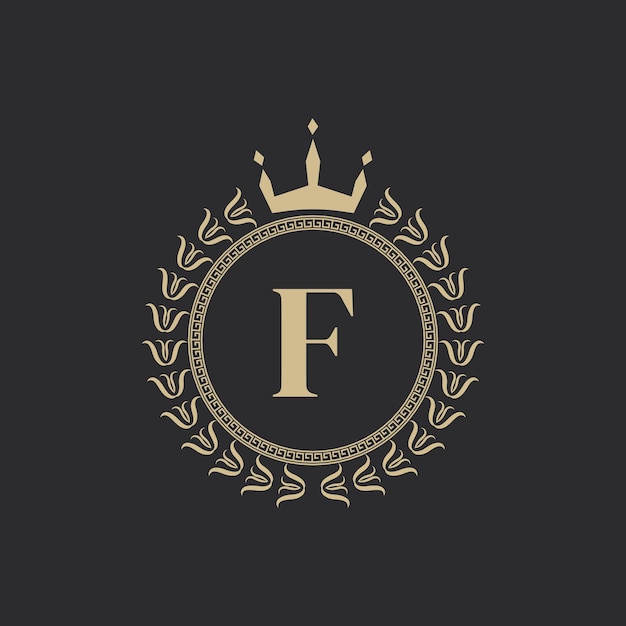 Initial letter f heraldic royal frame with crown and laurel wreath simple classic emblem