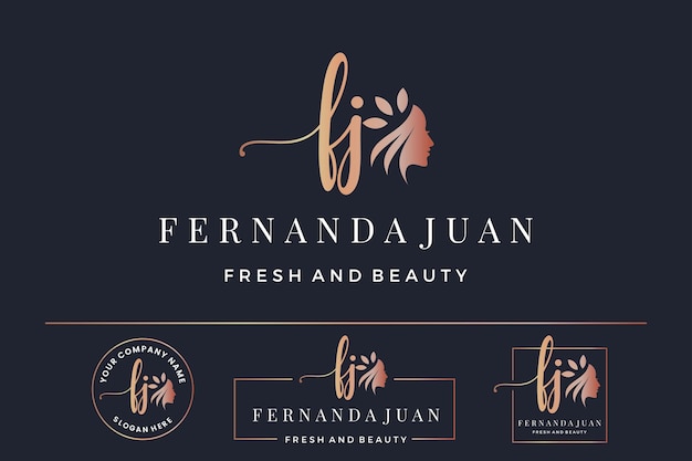 Initial letter FJ F logo feminine for woman face and beauty silhouette vector design collection