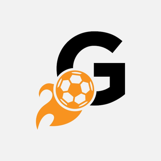 Initial Letter G Football Logo Concept With Moving Football Icon and Fire symbol. Soccer Logotype