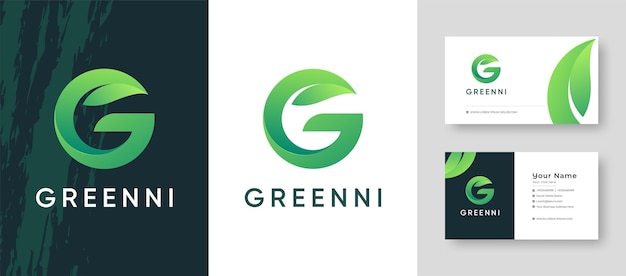 녹색 잎 조합이 있는 초기 문자 G 명함 디자인이 포함된 회사 로고 신선하거나 깨끗한