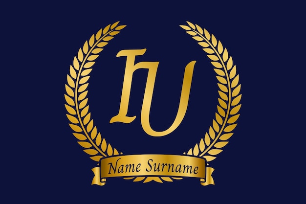 Vector initial letter i and u iu monogram logo design with laurel wreath luxury golden calligraphy font