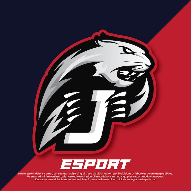 Design esport del logo j iniziale della lettera design del logo esport della pantera design del logo sportivo della mascotte della tigre